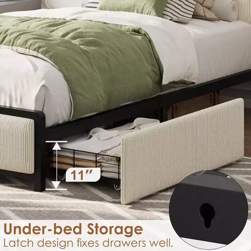 COZONY Letto con Piattaforma con Cassetti Contenitore e Ricarica USB, Testiera Imbottita in Velluto a Coste Nero, Silenzioso, Nessuna Molla a Scatola Necessaria