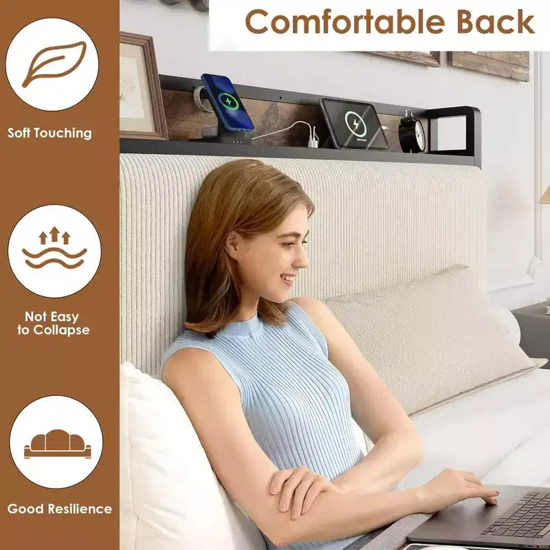 COZONY Letto con Piattaforma con Cassetti Contenitore e Ricarica USB, Testiera Imbottita in Velluto a Coste Nero, Silenzioso, Nessuna Molla a Scatola Necessaria