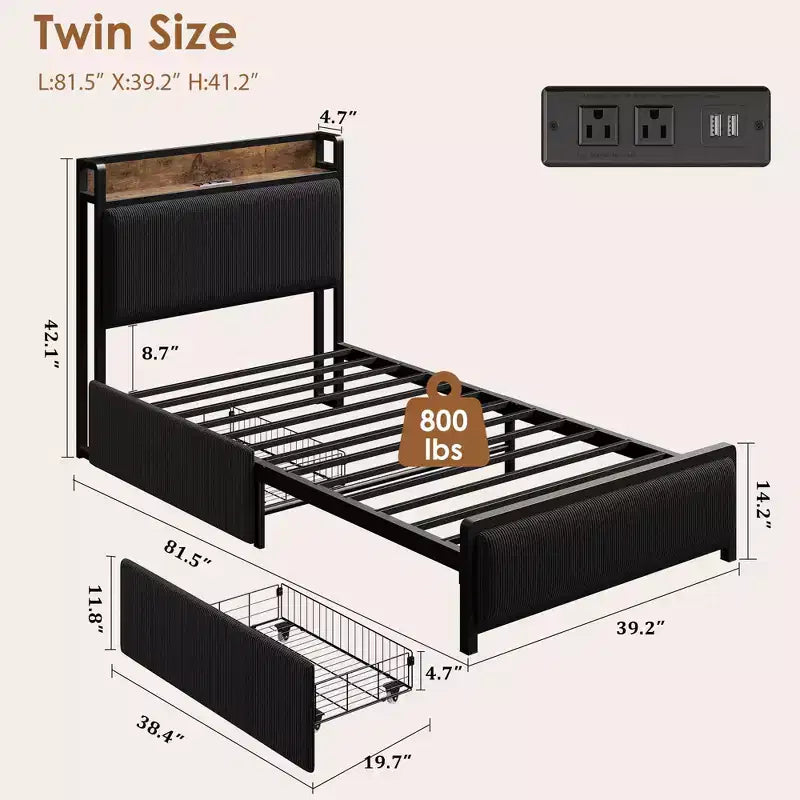COZONY Letto con Piattaforma con Cassetti Contenitore e Ricarica USB, Testiera Imbottita in Velluto a Coste Nero, Silenzioso, Nessuna Molla a Scatola Necessaria