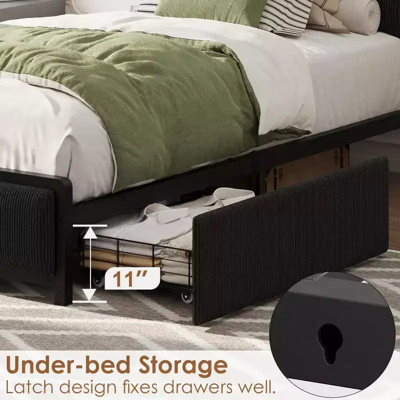 COZONY Letto con Piattaforma con Cassetti Contenitore e Ricarica USB, Testiera Imbottita in Velluto a Coste Nero, Silenzioso, Nessuna Molla a Scatola Necessaria