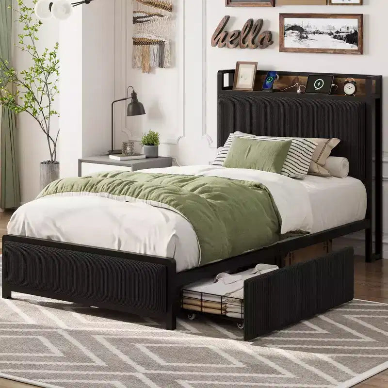 COZONY Letto con Piattaforma con Cassetti Contenitore e Ricarica USB, Testiera Imbottita in Velluto a Coste Nero, Silenzioso, Nessuna Molla a Scatola Necessaria