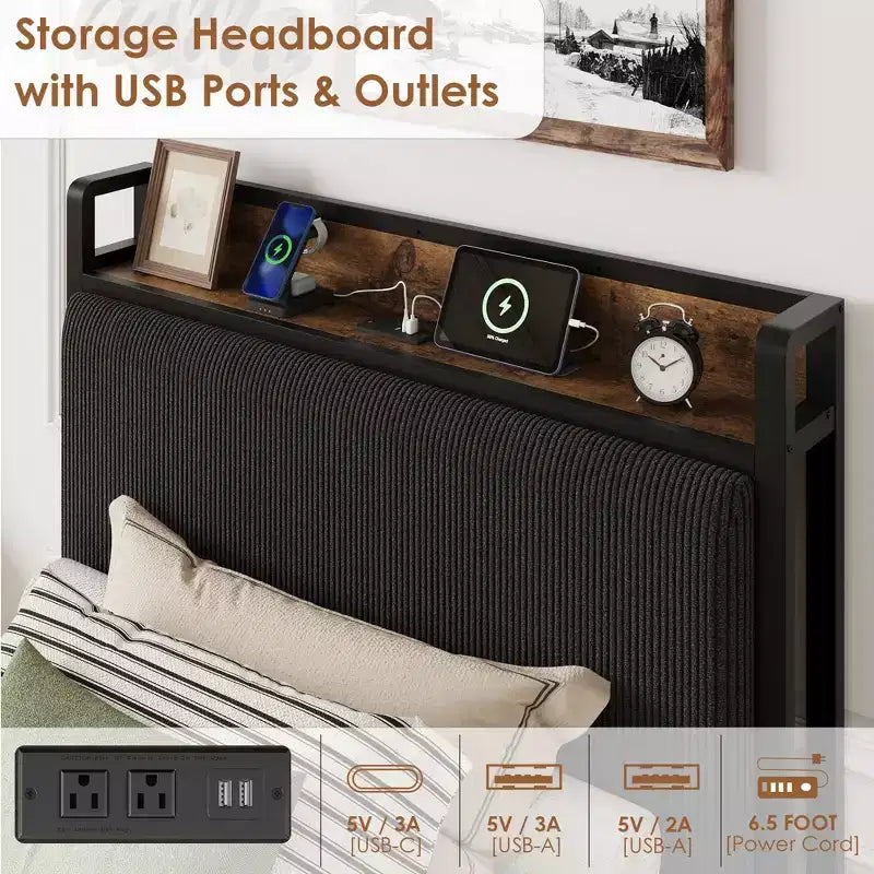 COZONY Letto con Piattaforma con Cassetti Contenitore e Ricarica USB, Testiera Imbottita in Velluto a Coste Nero, Silenzioso, Nessuna Molla a Scatola Necessaria