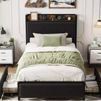 COZONY Platform Bed Frame with Storage Drawers and USB Charging, Black Corduroy Upholstered Headboard, Noise-Free, No Box Spring Needed
