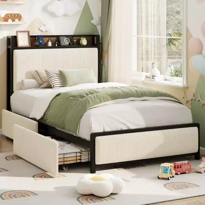 COZONY Letto con Piattaforma con Cassetti Contenitore e Ricarica USB, Testiera Imbottita in Velluto a Coste Nero, Silenzioso, Nessuna Molla a Scatola Necessaria