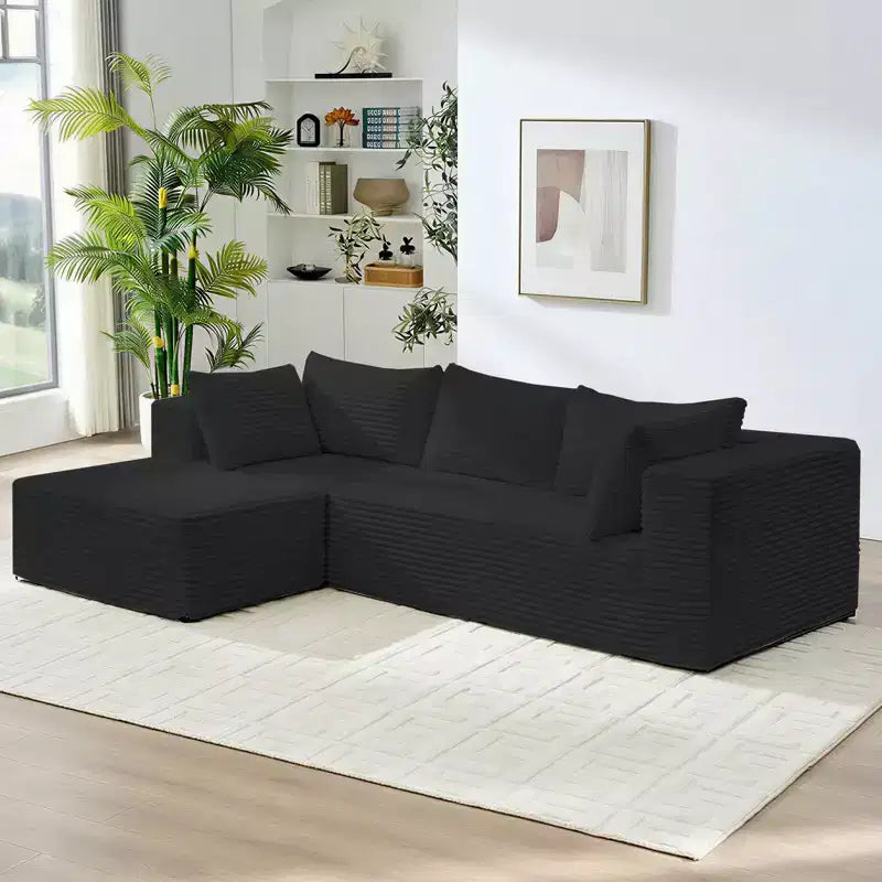 Mjkone Divano componibile a L oversize in velluto a coste con chaise longue, design modulare, nero