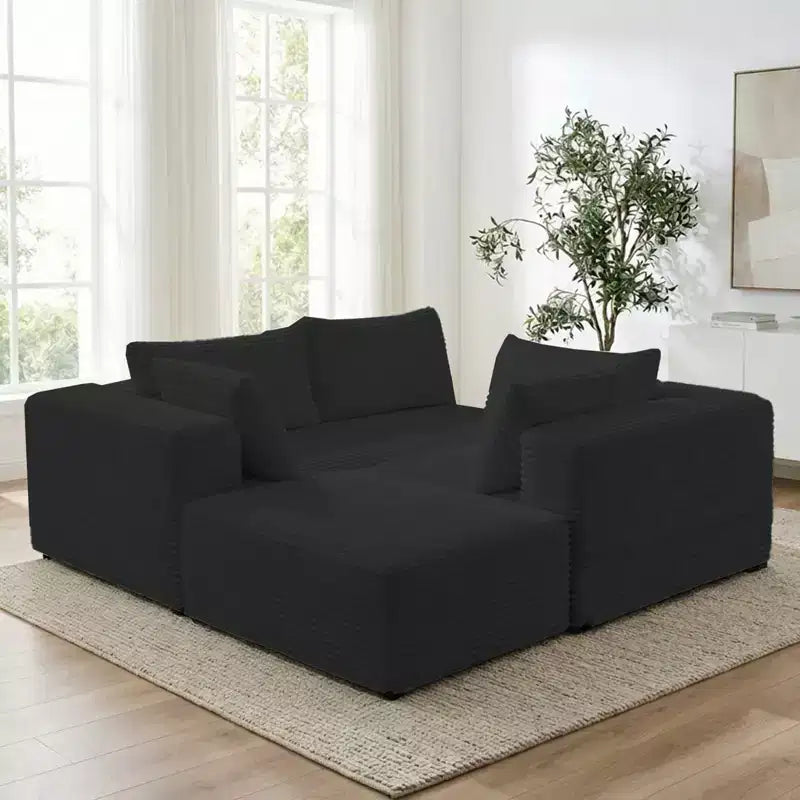 Mjkone Divano componibile a L oversize in velluto a coste con chaise longue, design modulare, nero
