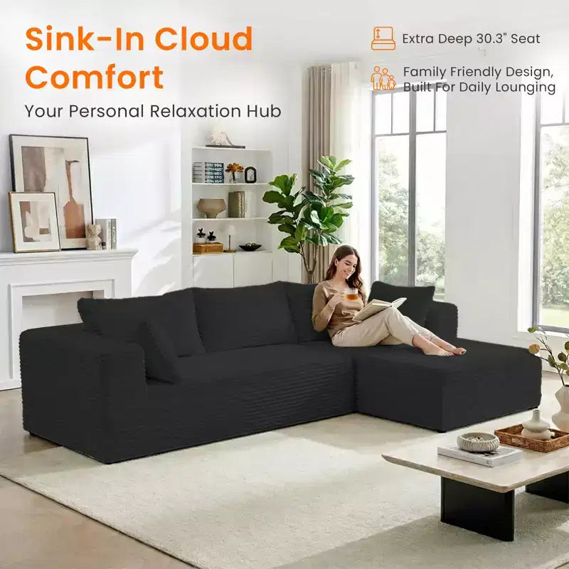 Mjkone Divano componibile a L oversize in velluto a coste con chaise longue, design modulare, nero