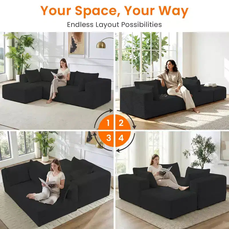Mjkone Divano componibile a L oversize in velluto a coste con chaise longue, design modulare, nero