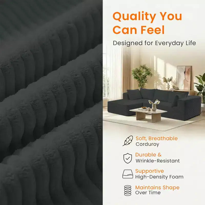 Mjkone Divano componibile a L oversize in velluto a coste con chaise longue, design modulare, nero