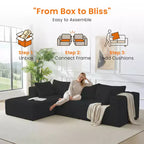 Mjkone Divano componibile a L oversize in velluto a coste con chaise longue, design modulare, nero