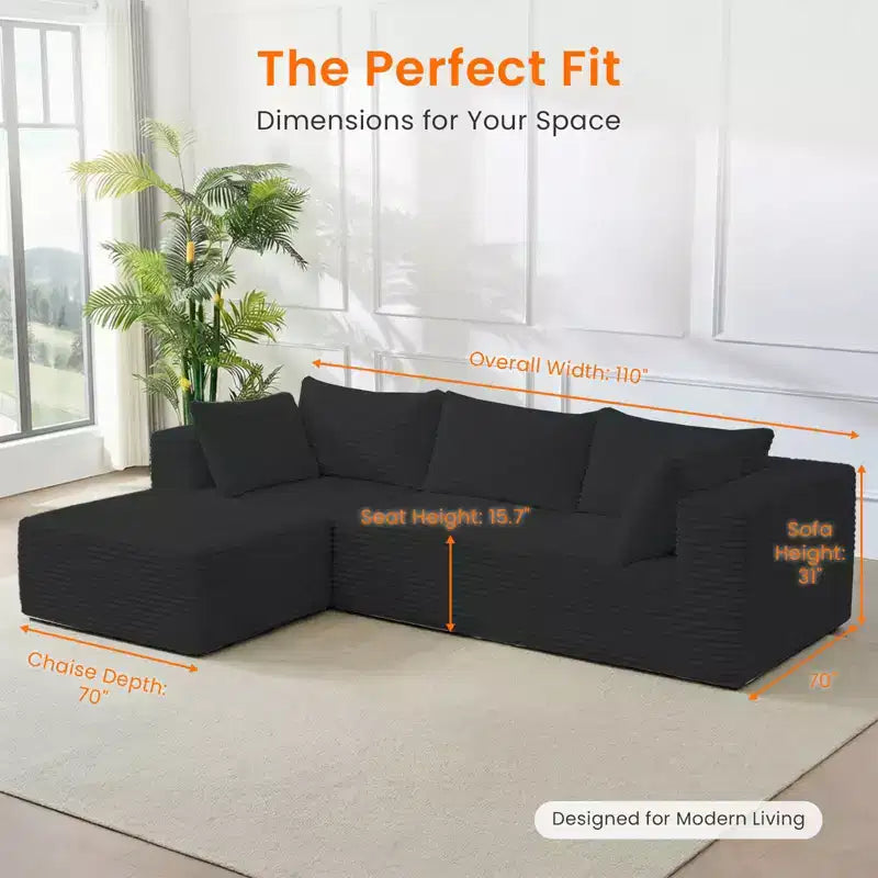 Mjkone Divano componibile a L oversize in velluto a coste con chaise longue, design modulare, nero