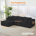 Mjkone Divano componibile a L oversize in velluto a coste con chaise longue, design modulare, nero
