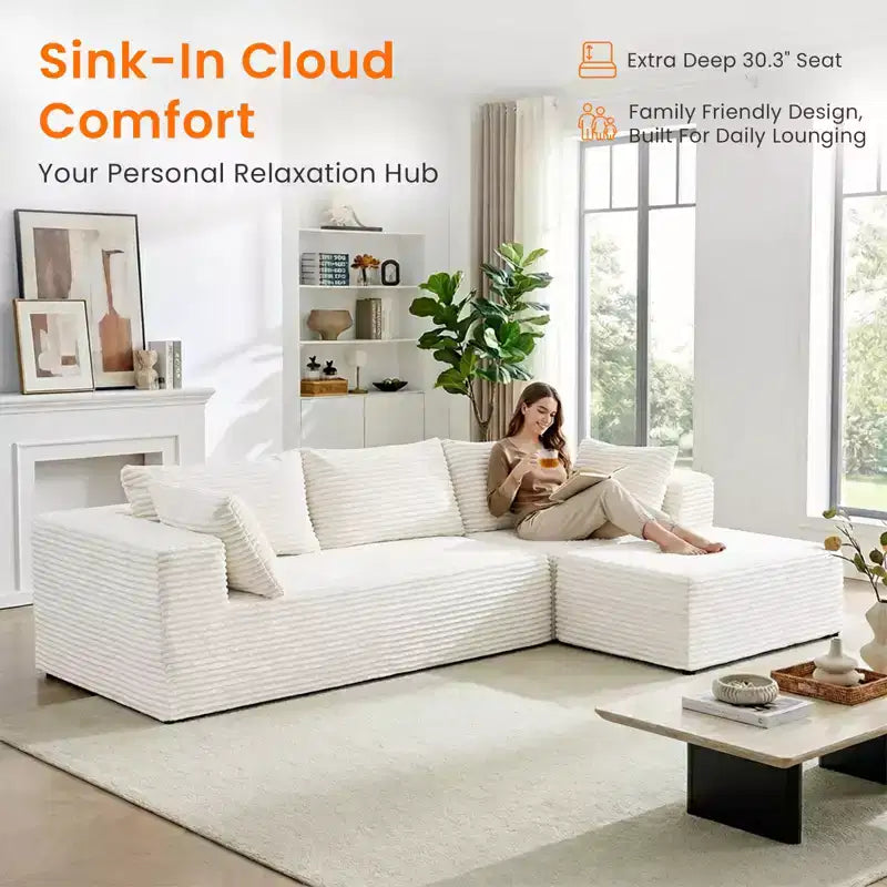 Mjkone Divano componibile a L oversize in velluto a coste con chaise longue, design modulare, nero
