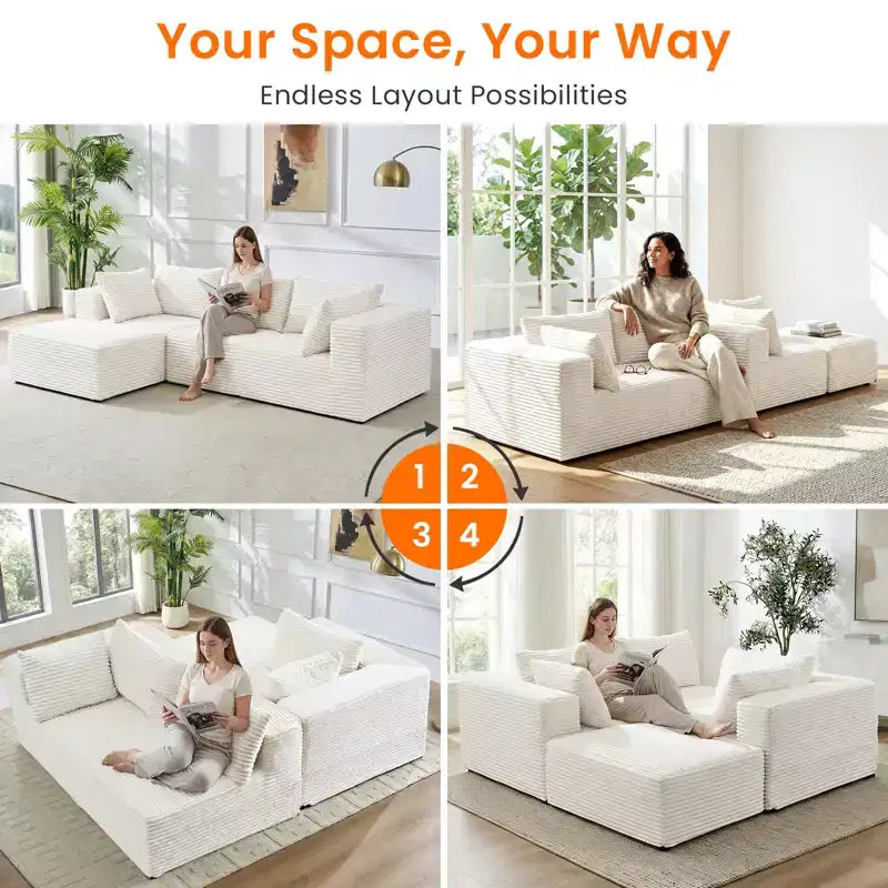 Mjkone Divano componibile a L oversize in velluto a coste con chaise longue, design modulare, nero