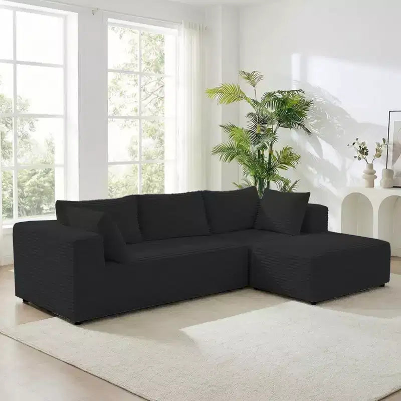 Mjkone Divano componibile a L oversize in velluto a coste con chaise longue, design modulare, nero