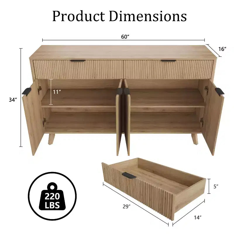 Mobile buffet credenza da 60 pollici, mobile bar scanalato per ingresso con 2 cassetti, tavolo consolle in legno per media, credenza d'accento per soggiorno e cucina