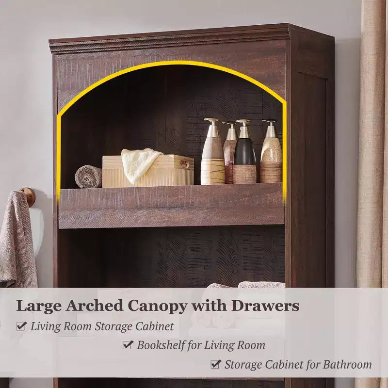 Armadietto da bagno alto 193 cm con arco, mobiletto portaoggetti in legno a 4 ripiani con cassetto inferiore con chiusura magnetica e 3 cassetti nascosti per bagno, lavanderia