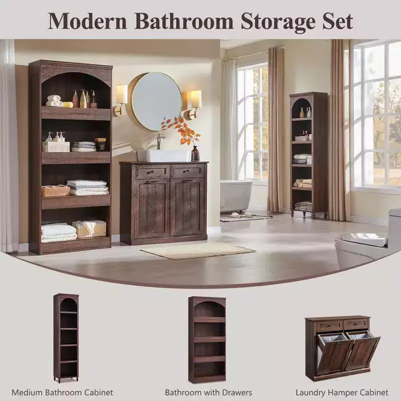 Armadietto da bagno alto 193 cm con arco, mobiletto portaoggetti in legno a 4 ripiani con cassetto inferiore con chiusura magnetica e 3 cassetti nascosti per bagno, lavanderia