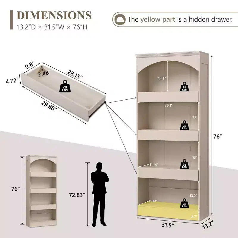 Armadietto da bagno alto 193 cm con arco, mobiletto portaoggetti in legno a 4 ripiani con cassetto inferiore con chiusura magnetica e 3 cassetti nascosti per bagno, lavanderia