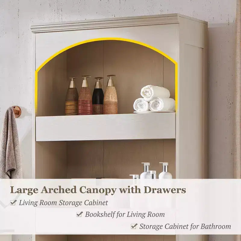 Armadietto da bagno alto 193 cm con arco, mobiletto portaoggetti in legno a 4 ripiani con cassetto inferiore con chiusura magnetica e 3 cassetti nascosti per bagno, lavanderia