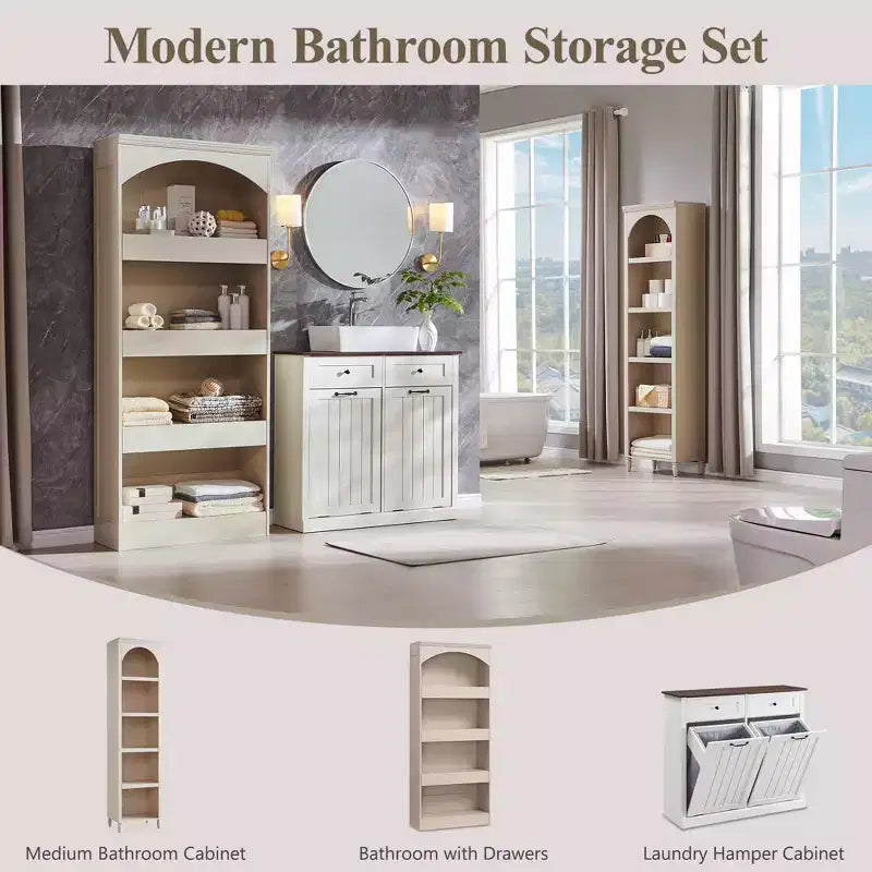 Armadietto da bagno alto 193 cm con arco, mobiletto portaoggetti in legno a 4 ripiani con cassetto inferiore con chiusura magnetica e 3 cassetti nascosti per bagno, lavanderia