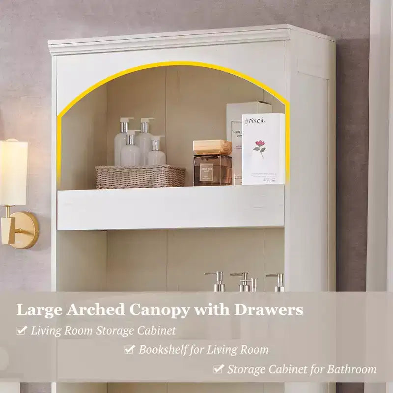 Armadietto da bagno alto 193 cm con arco, mobiletto portaoggetti in legno a 4 ripiani con cassetto inferiore con chiusura magnetica e 3 cassetti nascosti per bagno, lavanderia