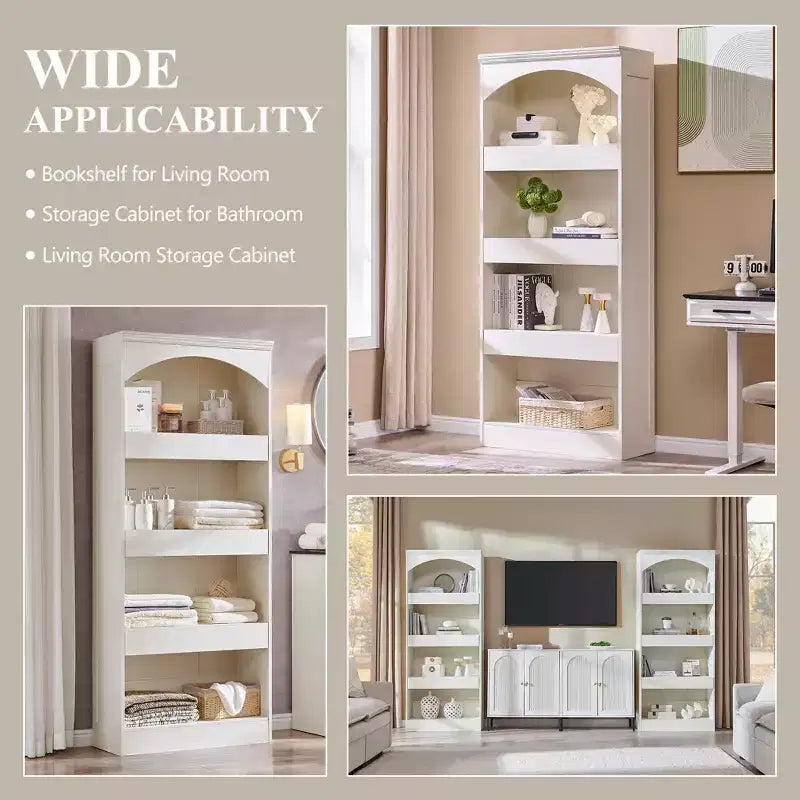 Armadietto da bagno alto 193 cm con arco, mobiletto portaoggetti in legno a 4 ripiani con cassetto inferiore con chiusura magnetica e 3 cassetti nascosti per bagno, lavanderia