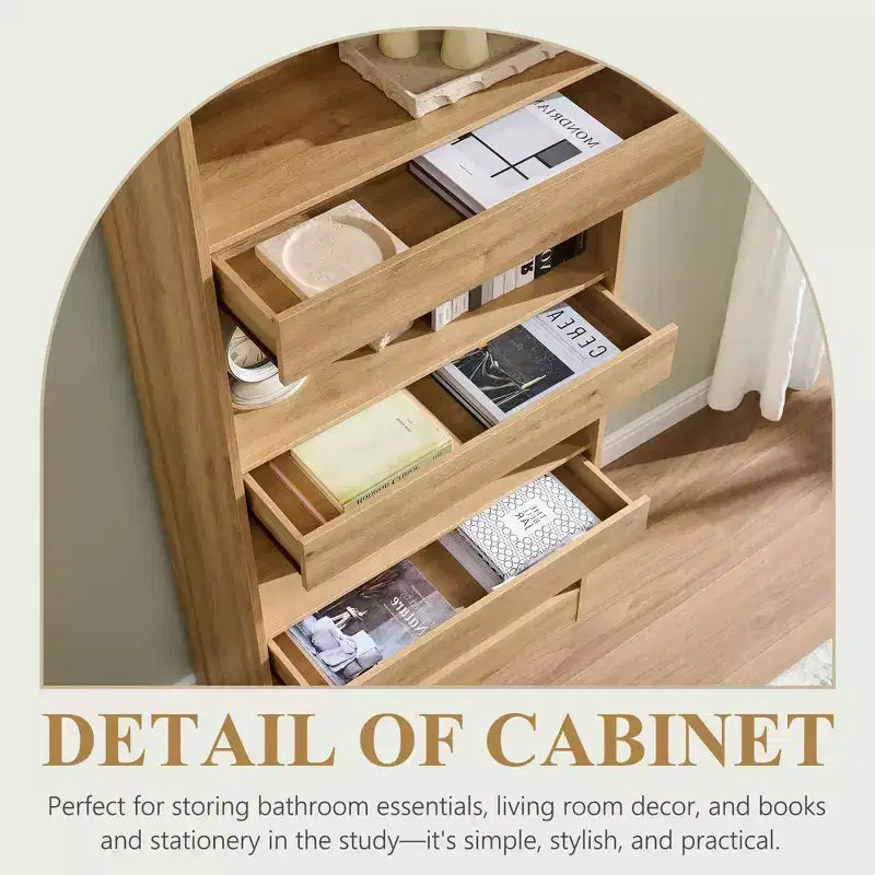 Armadietto da bagno alto 193 cm con arco, mobiletto portaoggetti in legno a 4 ripiani con cassetto inferiore con chiusura magnetica e 3 cassetti nascosti per bagno, lavanderia