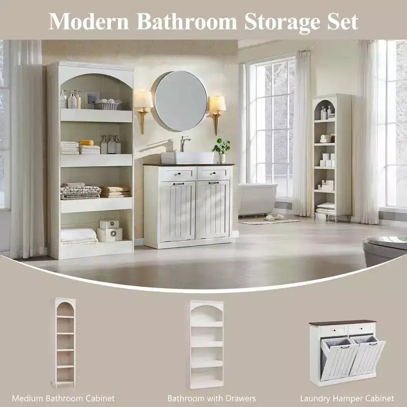 Armadietto da bagno alto 193 cm con arco, mobiletto portaoggetti in legno a 4 ripiani con cassetto inferiore con chiusura magnetica e 3 cassetti nascosti per bagno, lavanderia