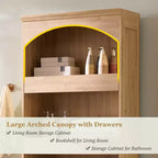 Armadietto da bagno alto 193 cm con arco, mobiletto portaoggetti in legno a 4 ripiani con cassetto inferiore con chiusura magnetica e 3 cassetti nascosti per bagno, lavanderia