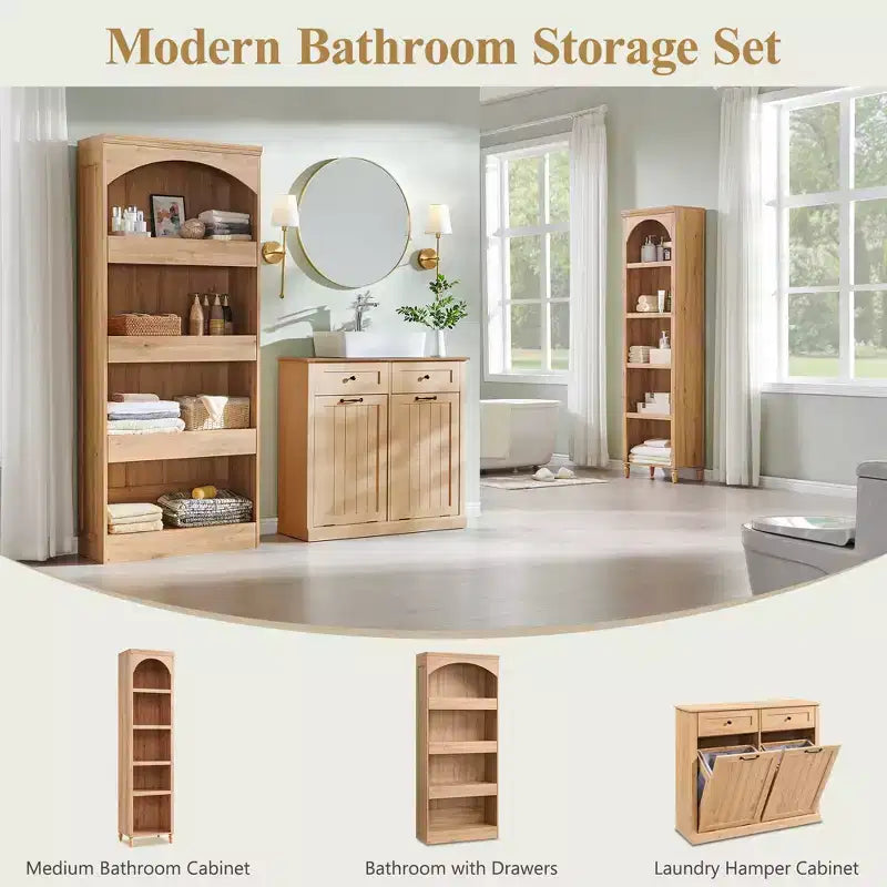 Armadietto da bagno alto 193 cm con arco, mobiletto portaoggetti in legno a 4 ripiani con cassetto inferiore con chiusura magnetica e 3 cassetti nascosti per bagno, lavanderia