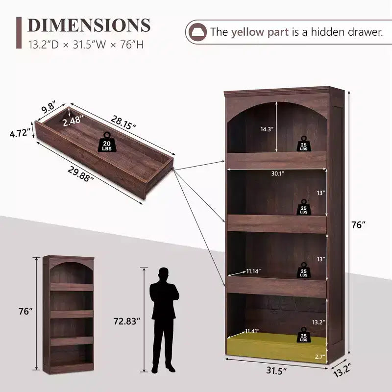 Armadietto da bagno alto 193 cm con arco, mobiletto portaoggetti in legno a 4 ripiani con cassetto inferiore con chiusura magnetica e 3 cassetti nascosti per bagno, lavanderia