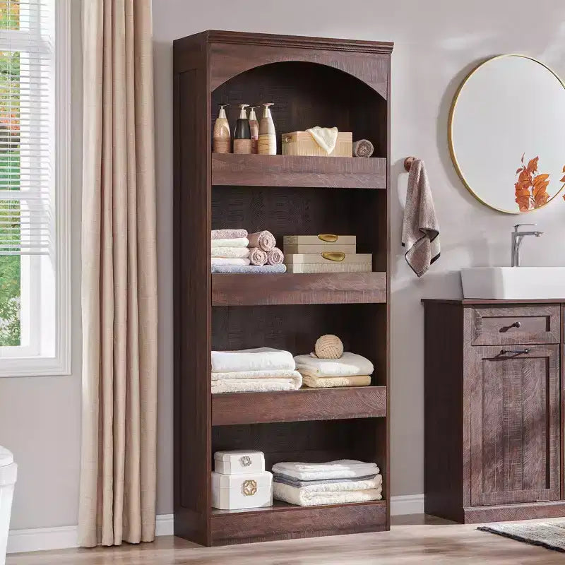 Armadietto da bagno alto 193 cm con arco, mobiletto portaoggetti in legno a 4 ripiani con cassetto inferiore con chiusura magnetica e 3 cassetti nascosti per bagno, lavanderia