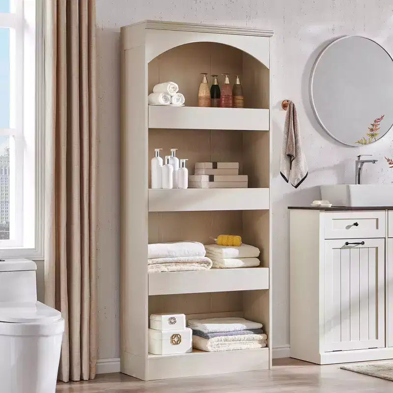 Armadietto da bagno alto 193 cm con arco, mobiletto portaoggetti in legno a 4 ripiani con cassetto inferiore con chiusura magnetica e 3 cassetti nascosti per bagno, lavanderia