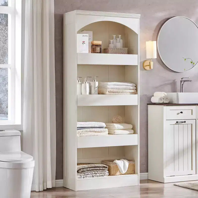 Armadietto da bagno alto 193 cm con arco, mobiletto portaoggetti in legno a 4 ripiani con cassetto inferiore con chiusura magnetica e 3 cassetti nascosti per bagno, lavanderia