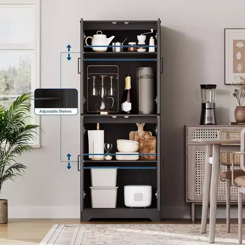 Mobile Dispensa da Cucina Stile Rustico, Credenza Autoportante, Ripiani Regolabili, 4 Ante, per Soggiorno