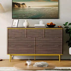 Comò a 7 cassetti scanalato, Cassettiera in legno da 54 pollici con maniglie dorate, Mobile TV dal design curvo per camera da letto e soggiorno