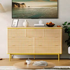 Comò a 7 cassetti scanalato, Cassettiera in legno da 54 pollici con maniglie dorate, Mobile TV dal design curvo per camera da letto e soggiorno