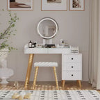 Modern Makeup Vanity Desk with LED Mirror, 5 Drawers, Built-In Power Hub, Glass Top, and Matching Stool for Girls' Rooms