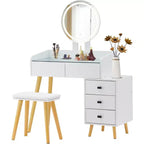 Moderna Toeletta per Trucco con Specchio a LED, 5 Cassetti, Hub di Alimentazione Integrato, Piano in Vetro e Sgabello Abbinato per Camerette da Ragazza