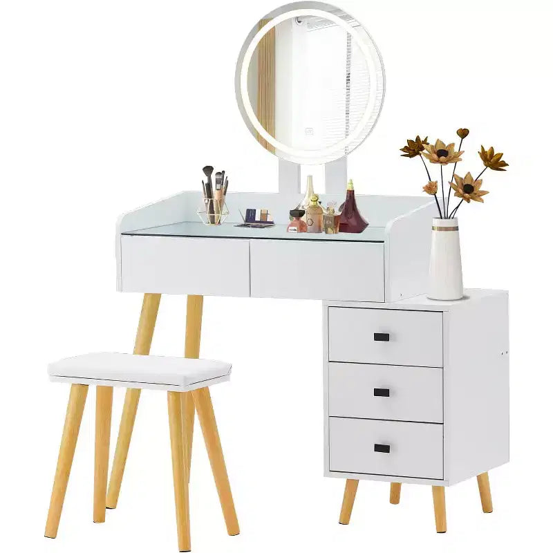 Moderna Toeletta per Trucco con Specchio a LED, 5 Cassetti, Hub di Alimentazione Integrato, Piano in Vetro e Sgabello Abbinato per Camerette da Ragazza