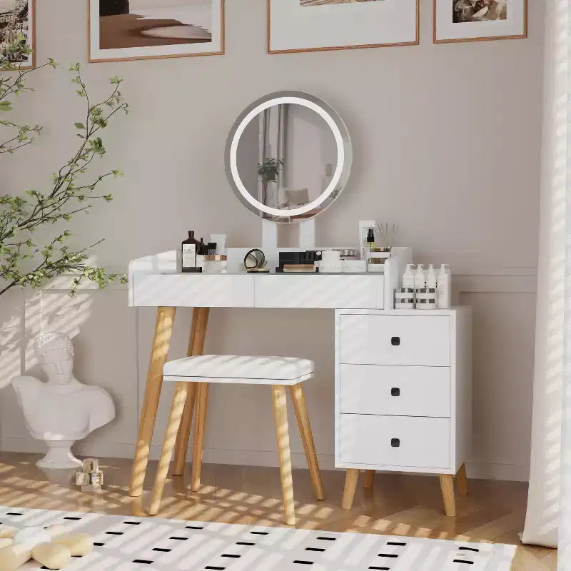 Moderna Toeletta per Trucco con Specchio a LED, 5 Cassetti, Hub di Alimentazione Integrato, Piano in Vetro e Sgabello Abbinato per Camerette da Ragazza