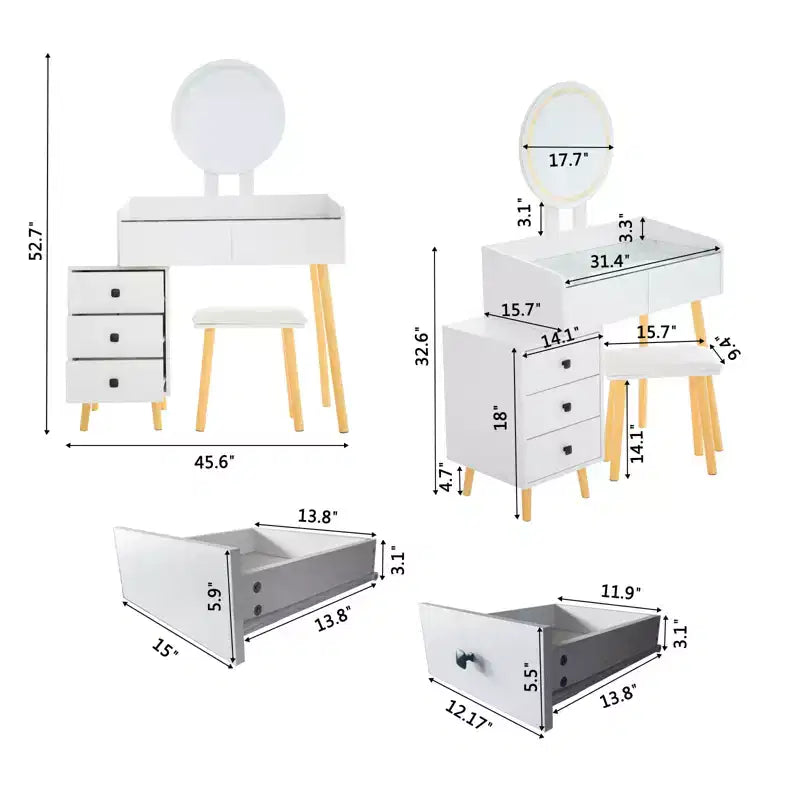 Moderna Toeletta per Trucco con Specchio a LED, 5 Cassetti, Hub di Alimentazione Integrato, Piano in Vetro e Sgabello Abbinato per Camerette da Ragazza