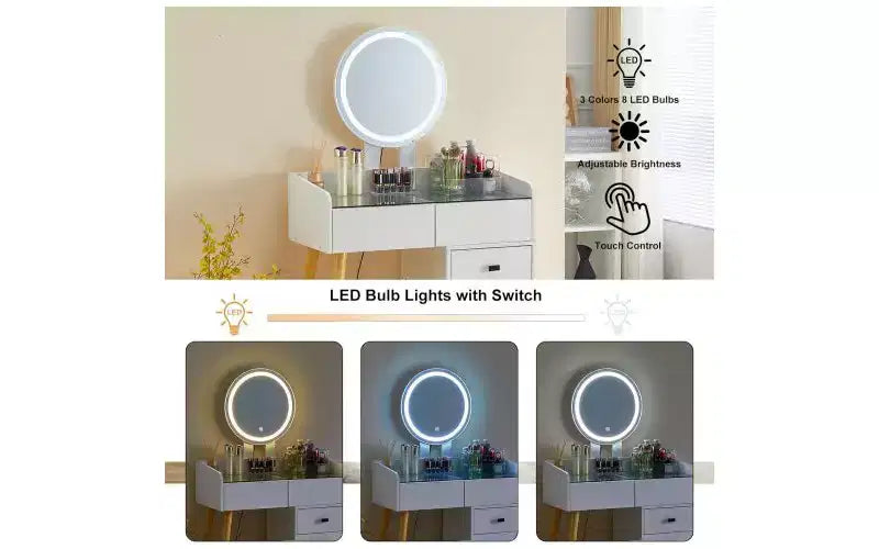 Moderna Toeletta per Trucco con Specchio a LED, 5 Cassetti, Hub di Alimentazione Integrato, Piano in Vetro e Sgabello Abbinato per Camerette da Ragazza