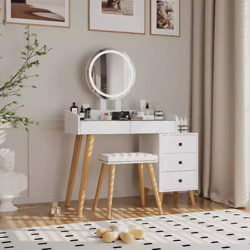 Moderna Toeletta per Trucco con Specchio a LED, 5 Cassetti, Hub di Alimentazione Integrato, Piano in Vetro e Sgabello Abbinato per Camerette da Ragazza