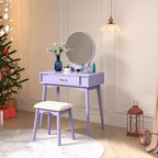 Modern Makeup Vanity Desk with Round Mirror, Organized Storage, Matching Stool for Bedroom, Purple Finish, Space-Saving Design