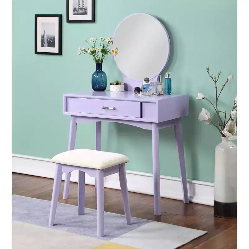 Moderna toeletta trucco con specchio rotondo, contenitori organizzati, sgabello abbinato per camera da letto, finitura viola, design salvaspazio