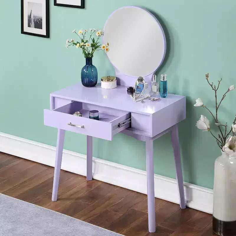 Moderna toeletta trucco con specchio rotondo, contenitori organizzati, sgabello abbinato per camera da letto, finitura viola, design salvaspazio