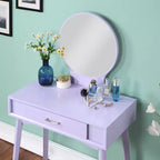Moderna toeletta trucco con specchio rotondo, contenitori organizzati, sgabello abbinato per camera da letto, finitura viola, design salvaspazio