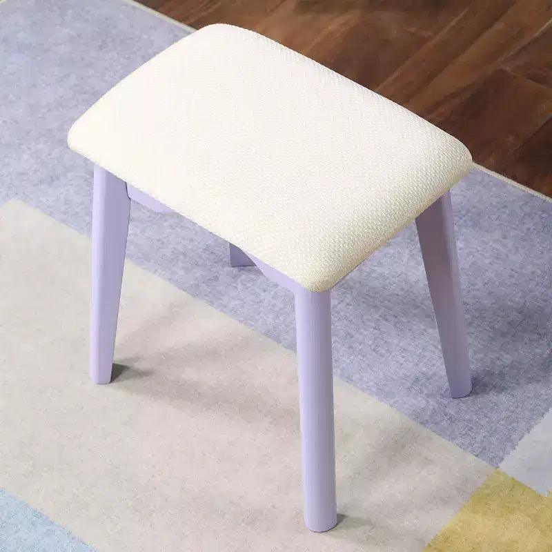 Moderna toeletta trucco con specchio rotondo, contenitori organizzati, sgabello abbinato per camera da letto, finitura viola, design salvaspazio